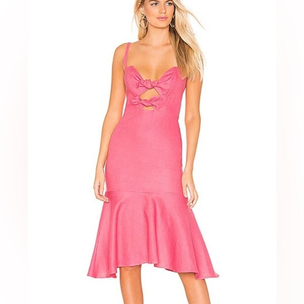 Karina Grimaldi Revolve Neila Dress Pink Linen Midi Bow Peplum Size Small